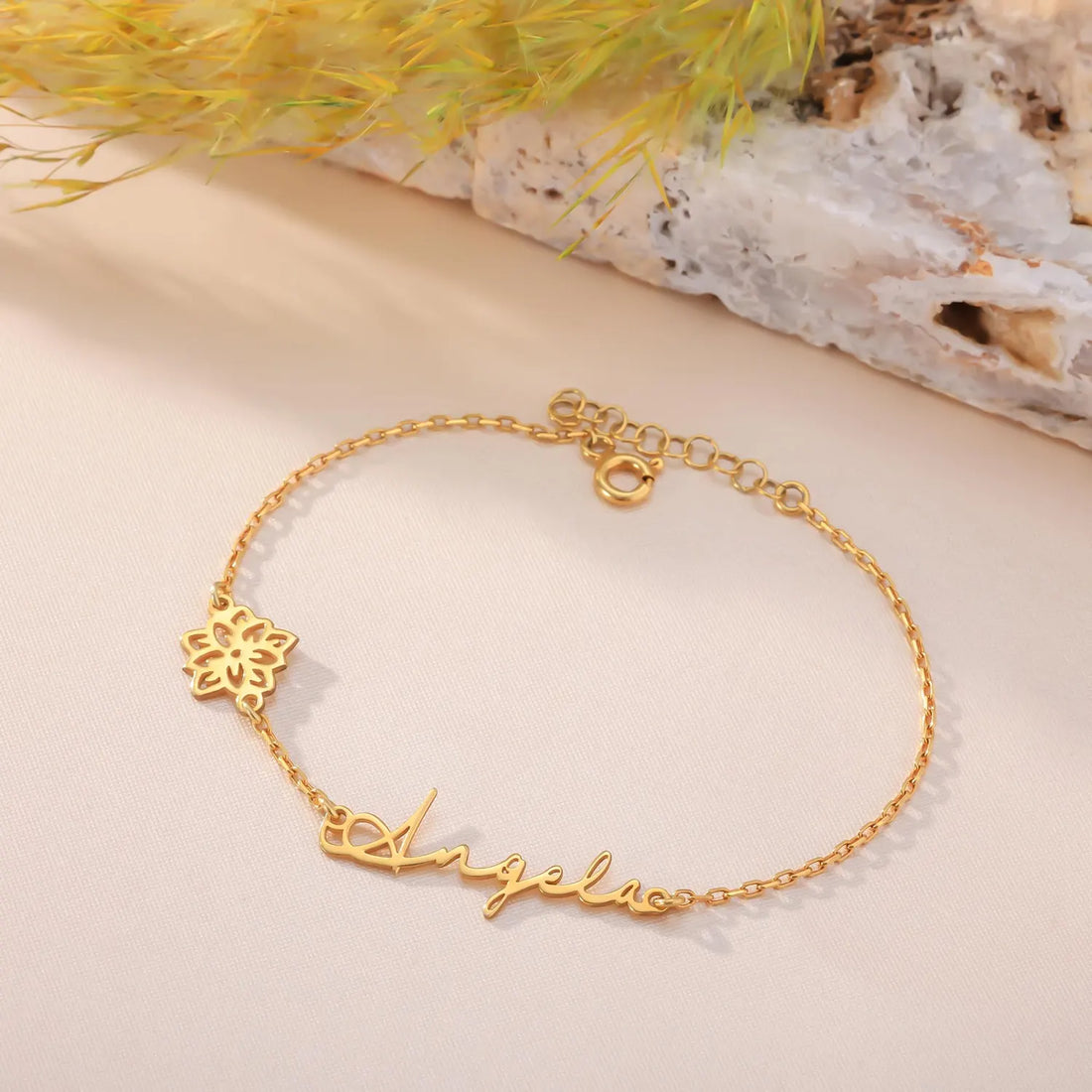 Dainty Name Bracelet with Birthflower