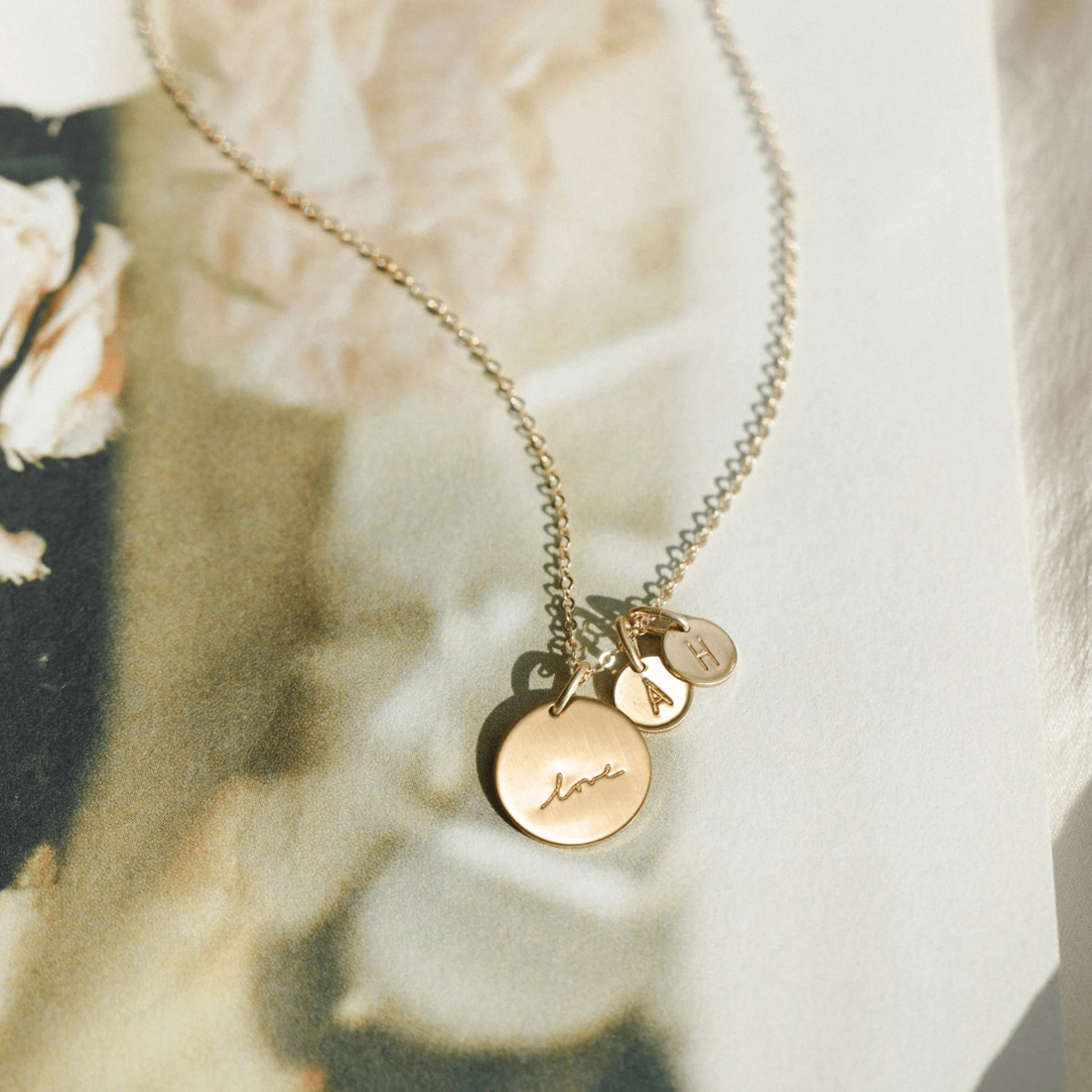 Engraved Disk Pendant Necklace with Mini Initial Tags